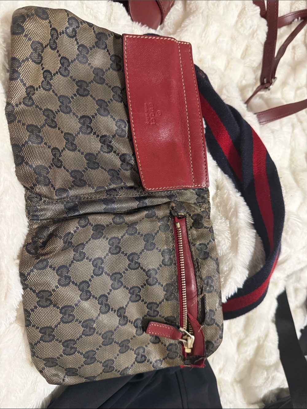 Gucci Brown Monogram Belt Bag with Red Trim and Navy-Red Web Strap